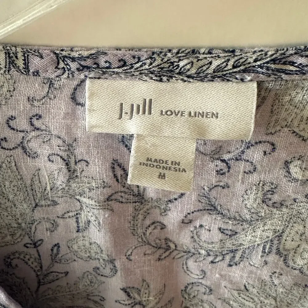 J. Jill Love Linen Boxy Top Womens Medium Lavender Paisley Floral V-Neck Coastal